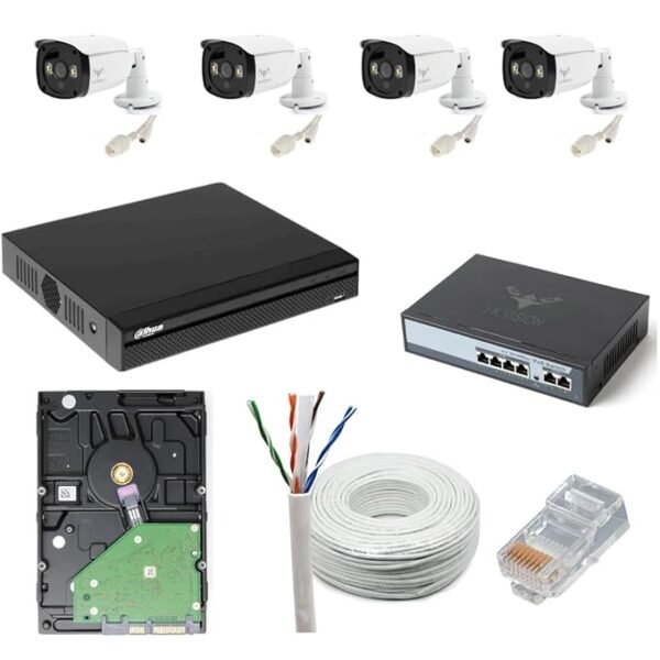 JK Vision 4MP CCTV IP Camera Full Set, 4 Bullet, 4 Channel NVR, 4 Port JK Vision POE, 1TB Hard Disk, Cat6 Cable 100 Meter, 8 RJ45 Connector Compatible with J.K.Vision RJ45
